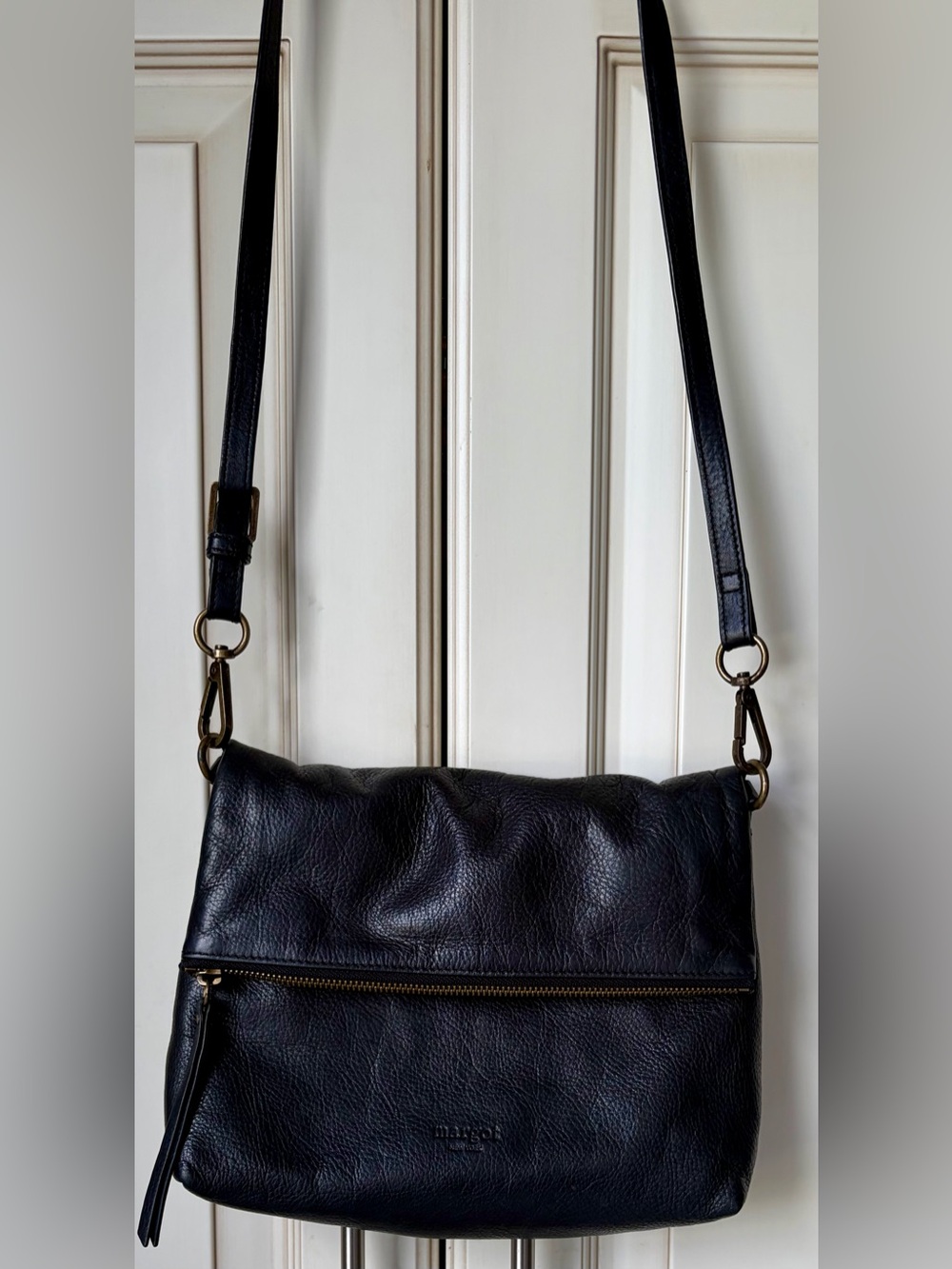 margot Black Leather Crossbody Flap Over Bag with Brass Hardware